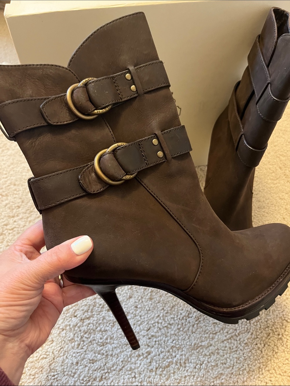New in Box Coach Thelma Brown Leather High-Heel Ankle Boots with Buckle Straps - Picture 2 of 10